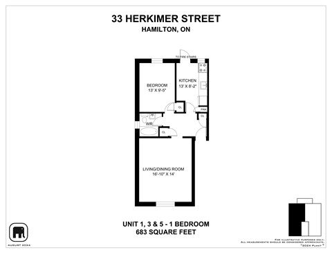 Floor plan for 1 bed, 1 bath, 683 sqft